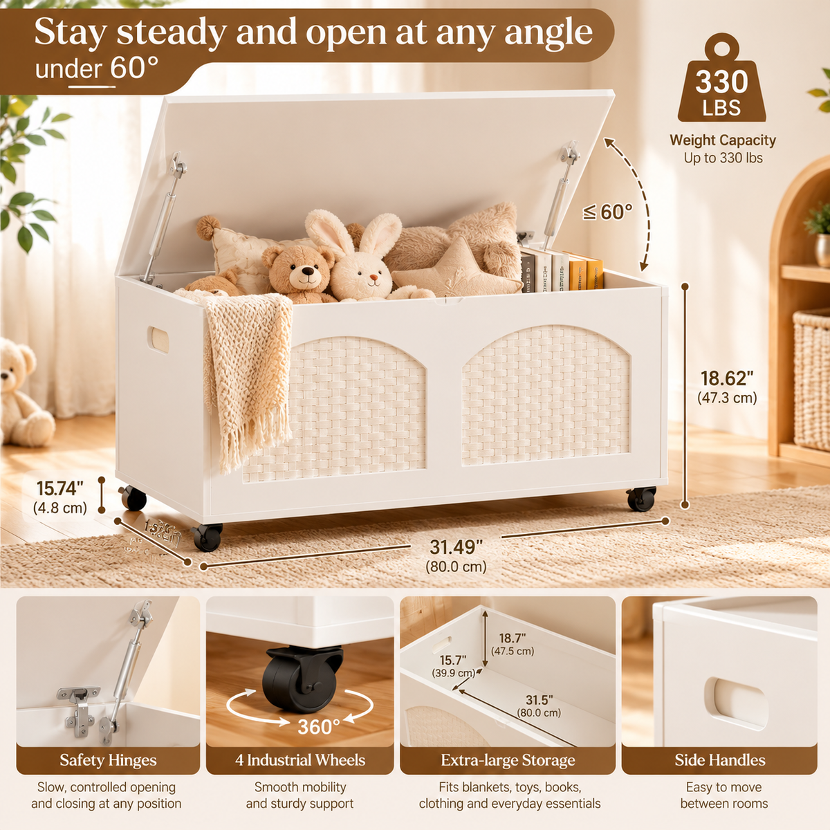 White Wooden Storage Bench with Wheels