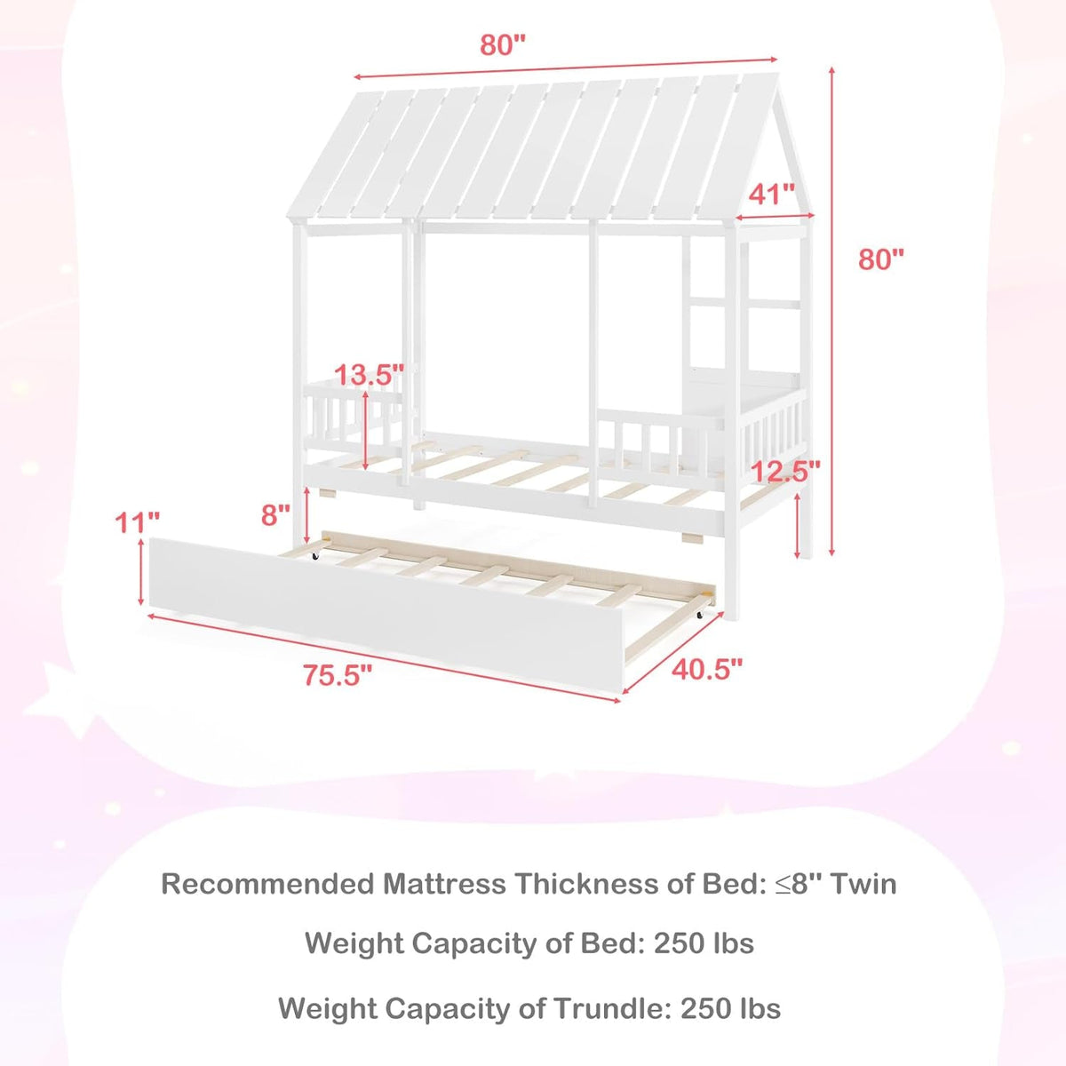 Twin House Bed With Trundle Montessori Inspired Design White-1